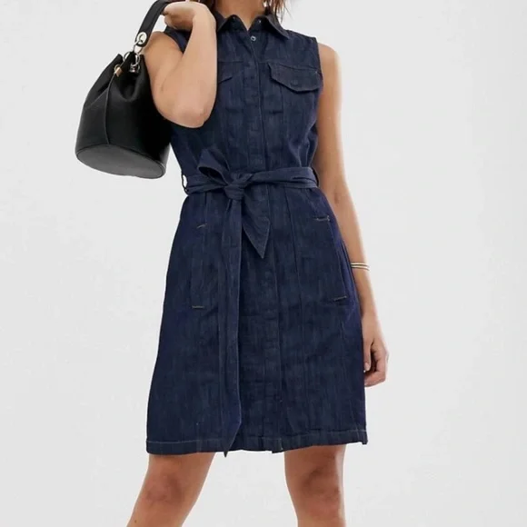 Warehouse Denim Mini Dress Sleeveless Tie Waist Pockets Dark Wash Size 6 Small - Picture 6 of 10
